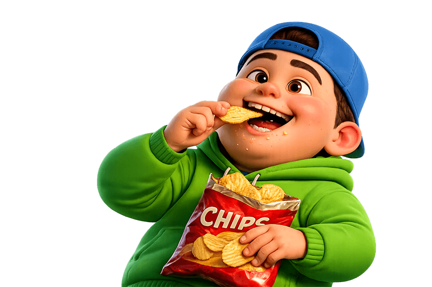 Momo mange des chips, l'air parfaitement serein